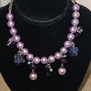 NEW Purple Pearl & Floral Charm Statement Necklace